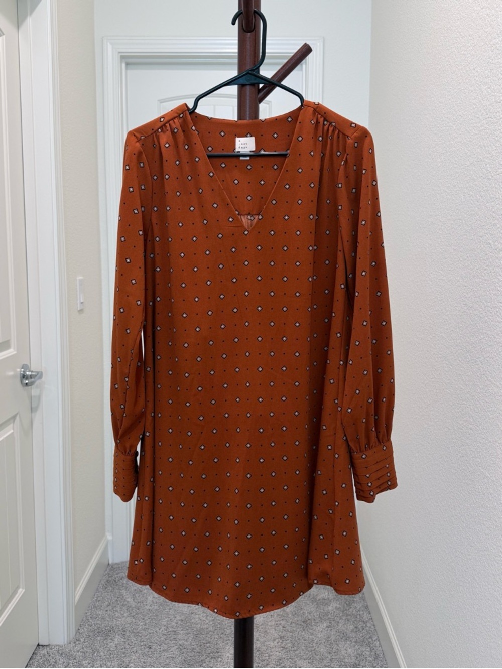 a new day Rust Orange Diamond-Print Long Sleeve Dress